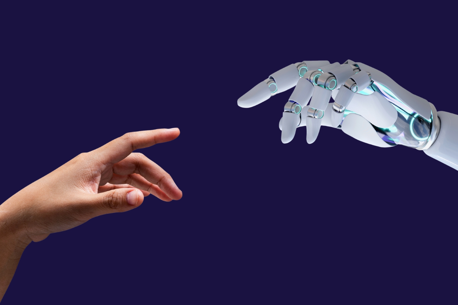 a human and and an android hand reach out to touch, reminiscent of 'the touch of god' used to illustrate the blog - 'What is agentic self-service'