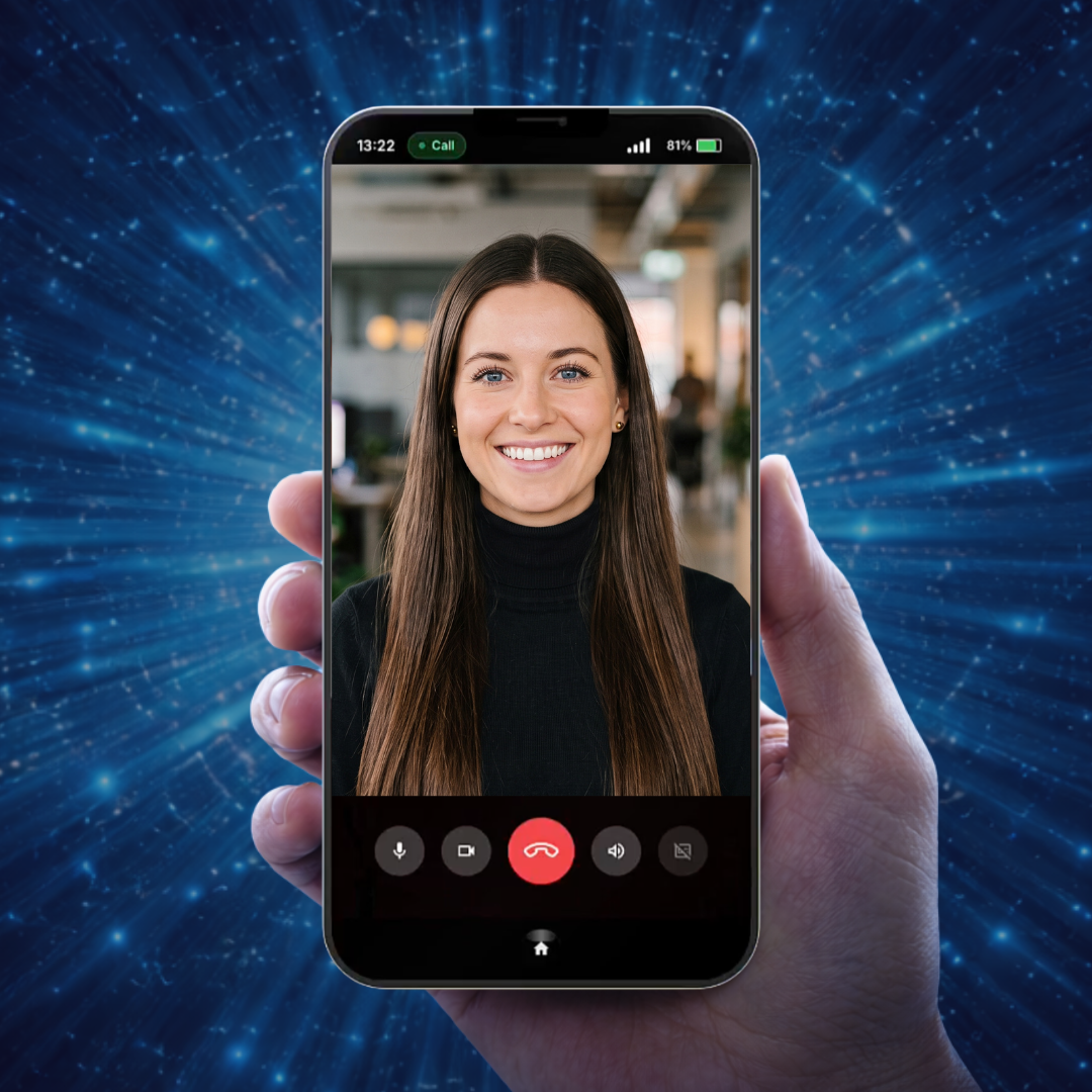 Image of the Cara conversational agent personified as a brown-haired young woman on a phone screen being held by a hand with a starburst background